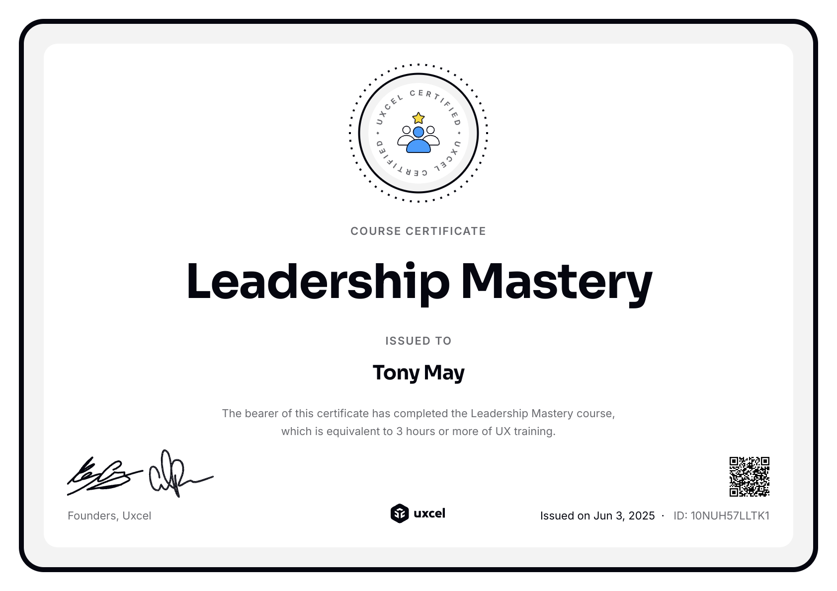 Tony May's certificate